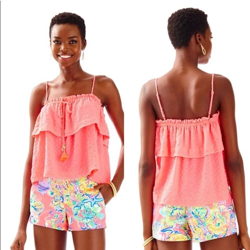 Lilly Pulitzer Mays Neon Coral Ruffle Tank Puka Shell Tassel Vacation Top XS - Picture 2 of 13
